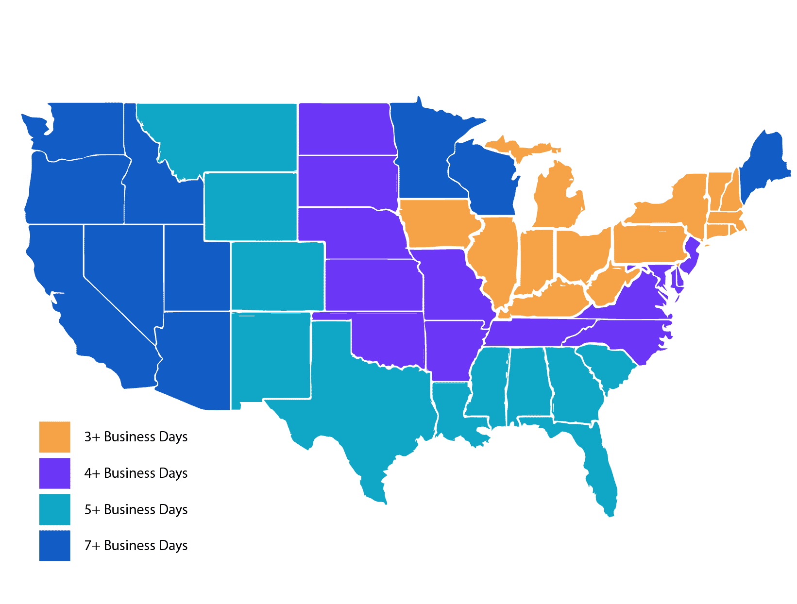 United States delivery map showing estimated shipping times by region