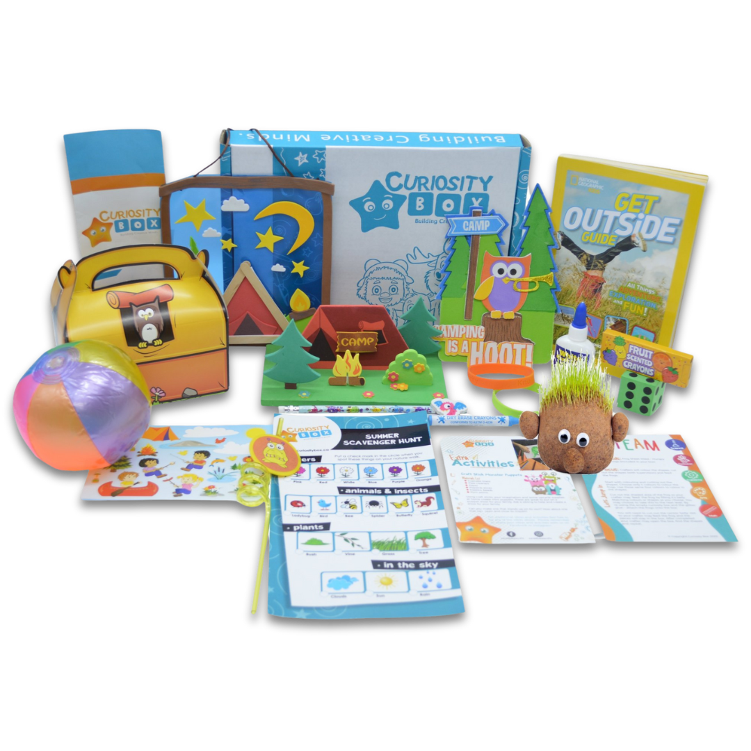 Curiosity Box contents including crafts, books, toys, games and activities